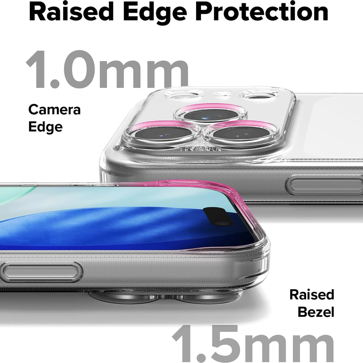 A clear silicone phone case showing raised edge protection features, including a 1.0mm camera edge and a 1.5mm raised bezel.