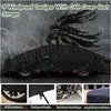 Four windproof designs with CAR cover gust straps shown on a black car under rain.