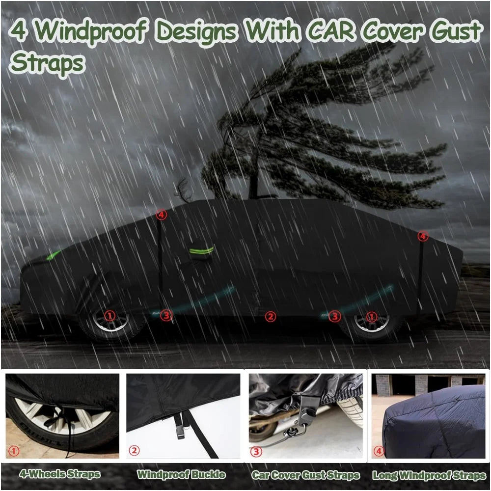 Four windproof designs with CAR cover gust straps shown on a black car under rain.