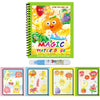 A green spiral notebook shows invisible images appearing with water pen, featuring colorful fruit and vegetable drawings.