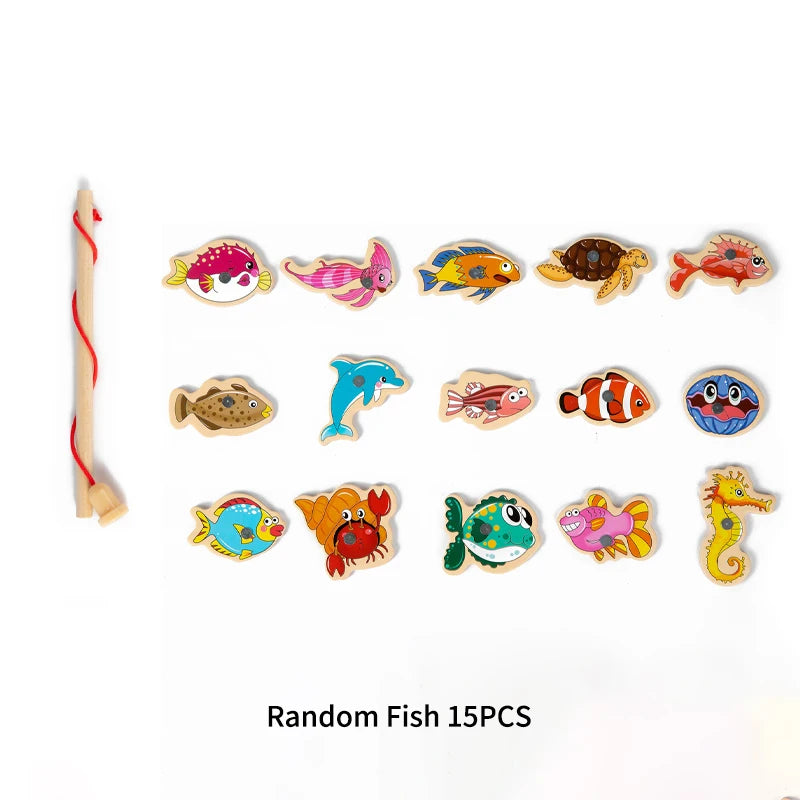 A collection of 15 random wooden magnetic fishing toys featuring various colorful fish and marine animals.