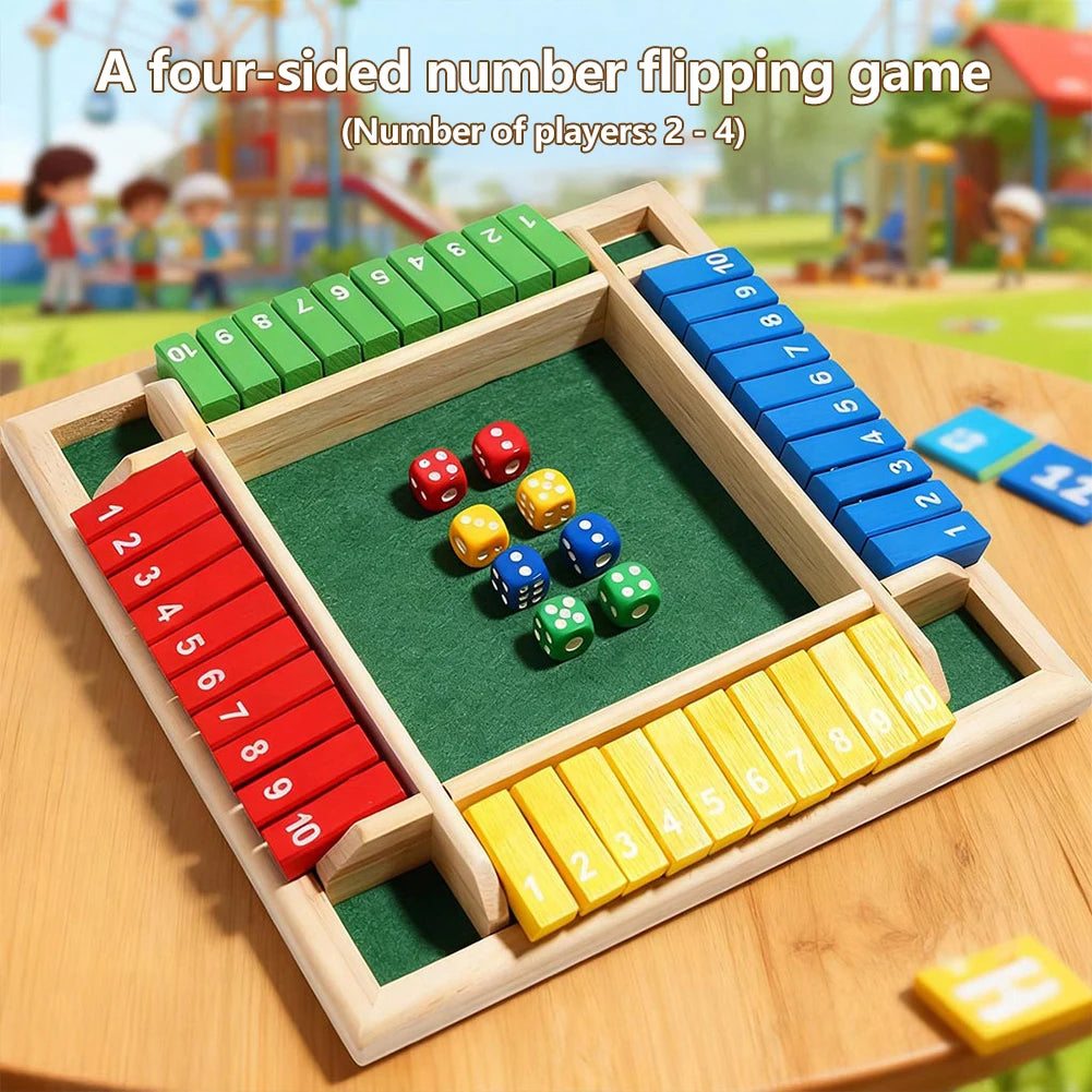 A wooden four-sided number flipping game with colored dice and wooden blocks set up on a table.