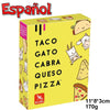 A box of the Español Taco Gato Cabra Queso Pizza card game featuring illustrations of tacos, a cat, a goat, cheese, and pizza