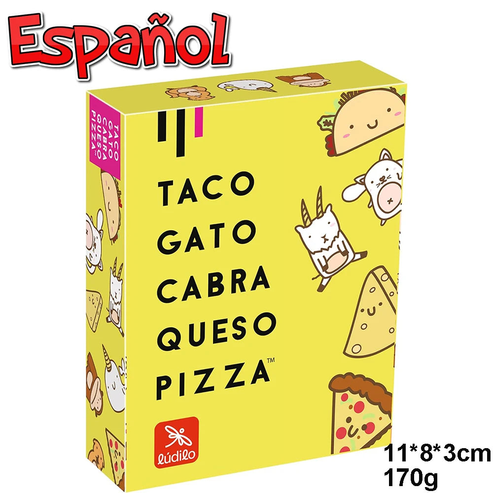 A box of the Español Taco Gato Cabra Queso Pizza card game featuring illustrations of tacos, a cat, a goat, cheese, and pizza