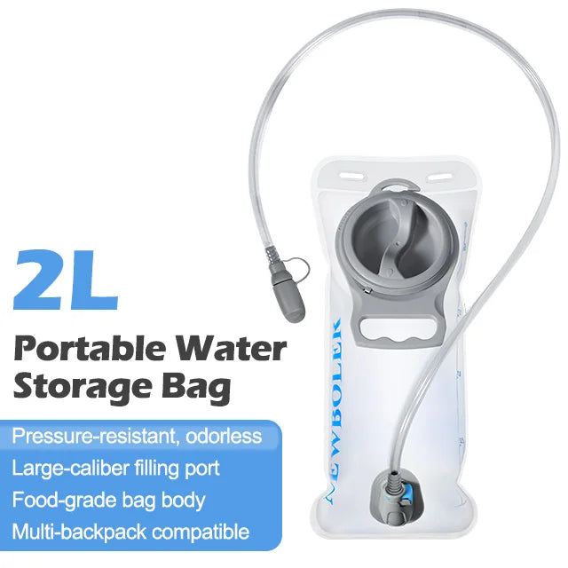 A portable water storage bag with a large-caliber filling port and multi-backpack compatibility.
