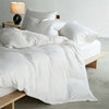 White luxury mulberry silk duvet cover set displayed on a bed with white pillows and a lamp.