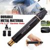 A black metal nozzle for a garden hose is shown spraying water, along with separate components and a hand holding the product