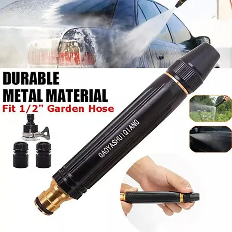 A black metal nozzle for a garden hose is shown spraying water, along with separate components and a hand holding the product