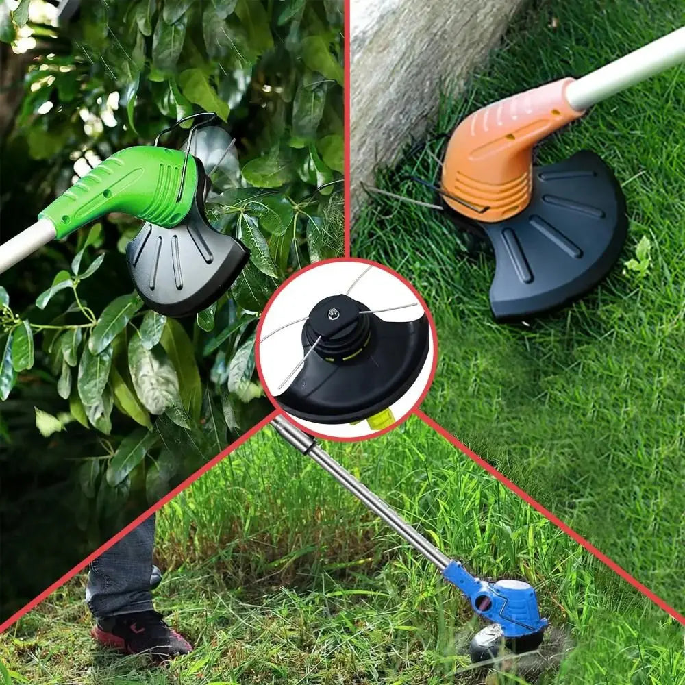 Un ensemble de têtes de coupe en nylon à cœur d'acier, vert et orange, utilisées pour le jardinage.