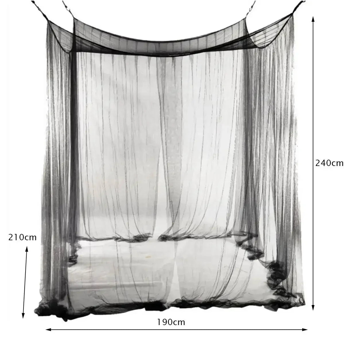 Elegant lace canopy mosquito net draped over a bed frame, measuring 190cm long and 240cm high.