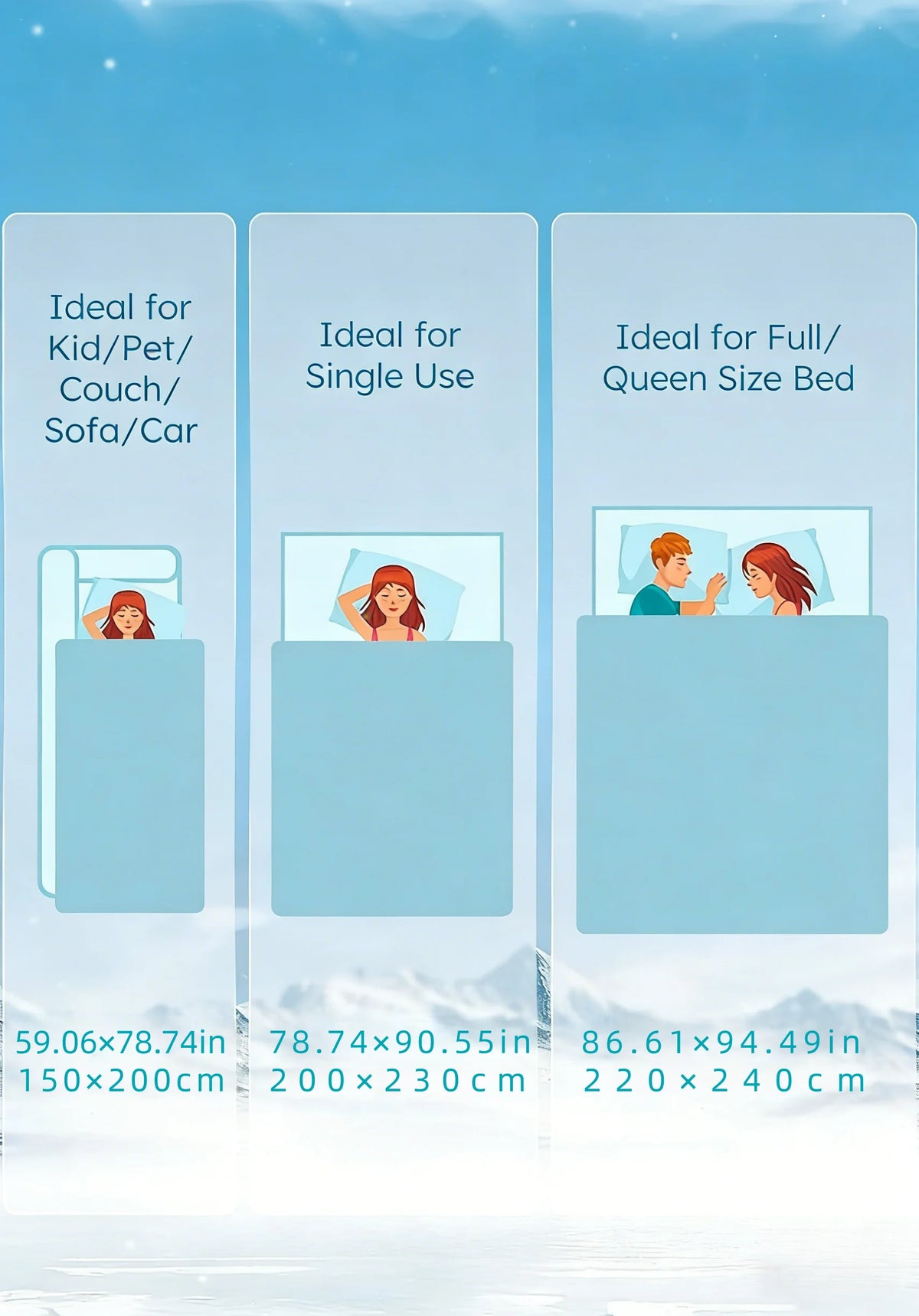 Three sizes of cooling summer blanket shown with examples for kid/pet, single use, and full queen size bed.