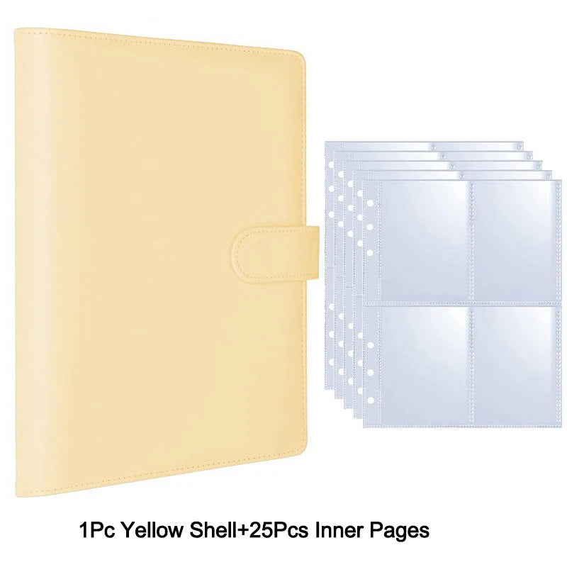 A yellow shell photocard album with twenty-five inner pages shown next to the cover.