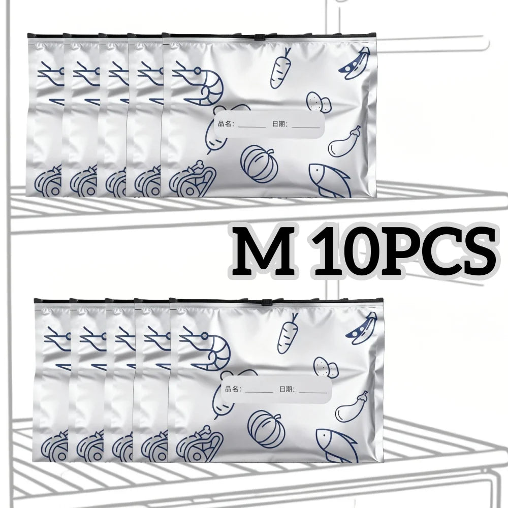 Ten reusable aluminum foil storage bags filled with various vegetables and fruits