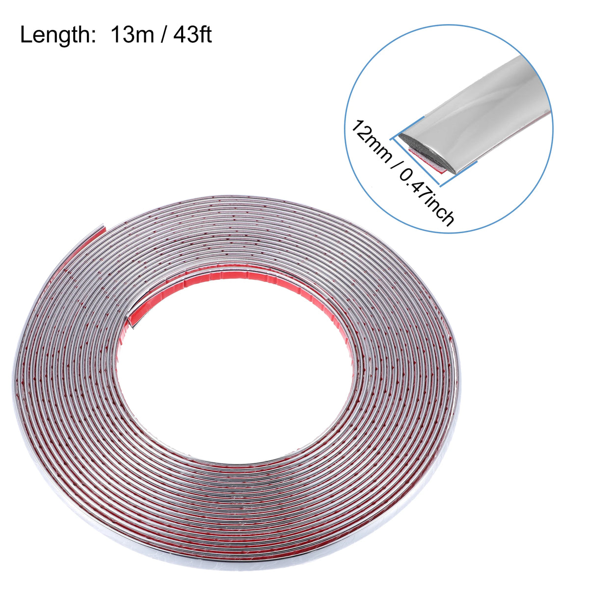 Roll of chrome car door edge guard trim strip with a 13m length and 12mm thickness.