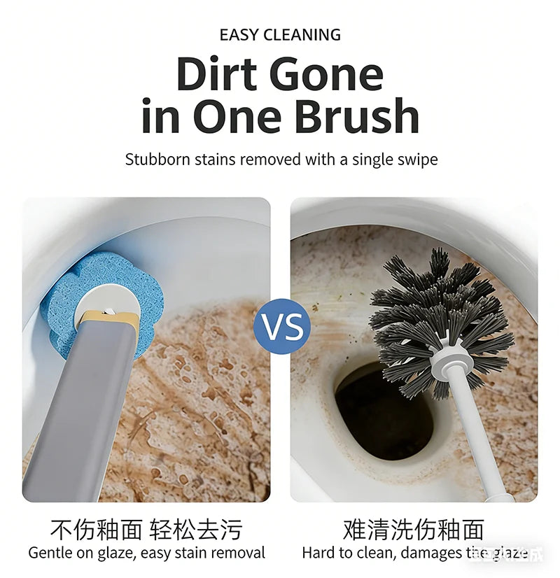 A disposable toilet brush set showing a comparison of cleaning effectiveness on a glazed surface.