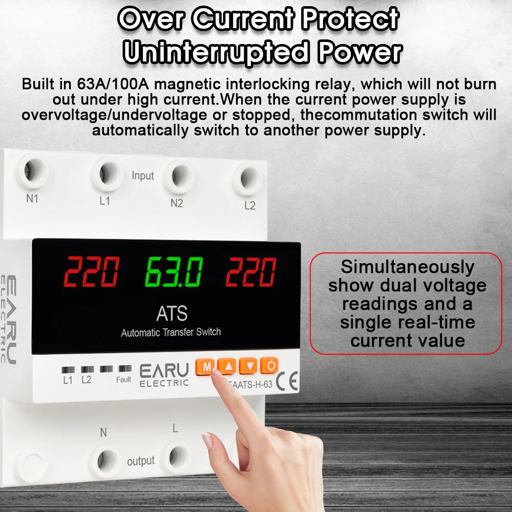 A hand points to a digital ATS switch displaying dual voltage readings and a current value on a white power module.