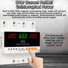 A hand points to a digital ATS switch displaying dual voltage readings and a current value on a white power module.