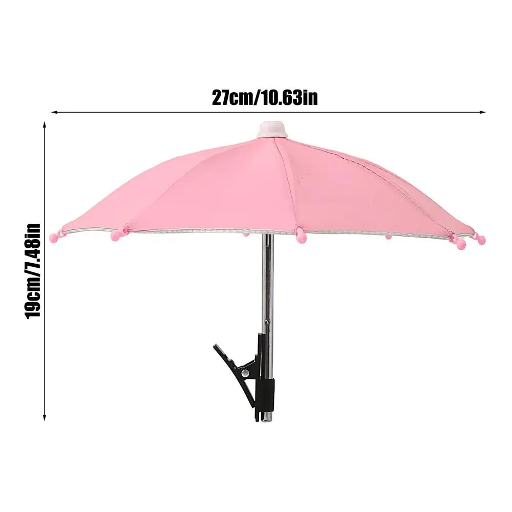 Pinkes Clip-on-Handy-Sonnenschutz mit Baldachin und Teleskopgriff.