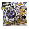 A packaging box for a Gladiator Bahamdia SP230GF metal spinning top battle toy featuring purple and silver designs.