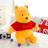 A yellow Winnie the Pooh plush toy bear sitting on a white surface with a camera and colorful balls.