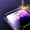 A close-up shot of an iPhone screen being installed with a privacy screen protector, showing sparks and a metallic tool.