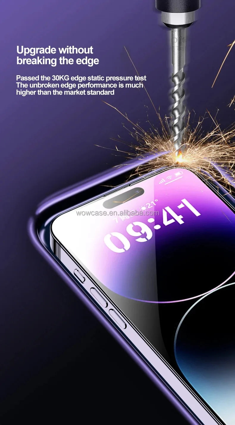 A close-up shot of an iPhone screen being installed with a privacy screen protector, showing sparks and a metallic tool.