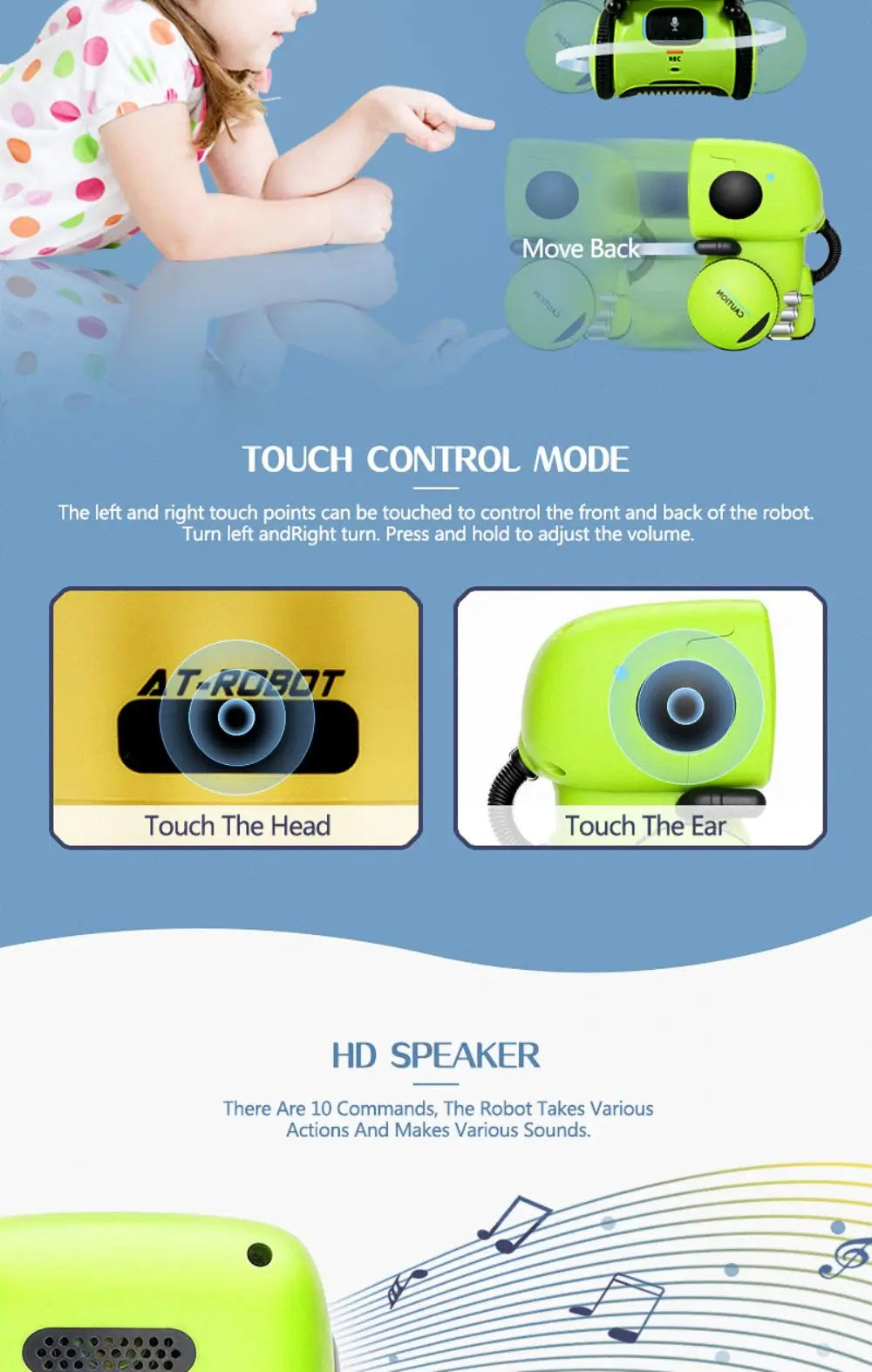 A green robot toy is shown with touch controls and an HD speaker, demonstrating its interaction features.