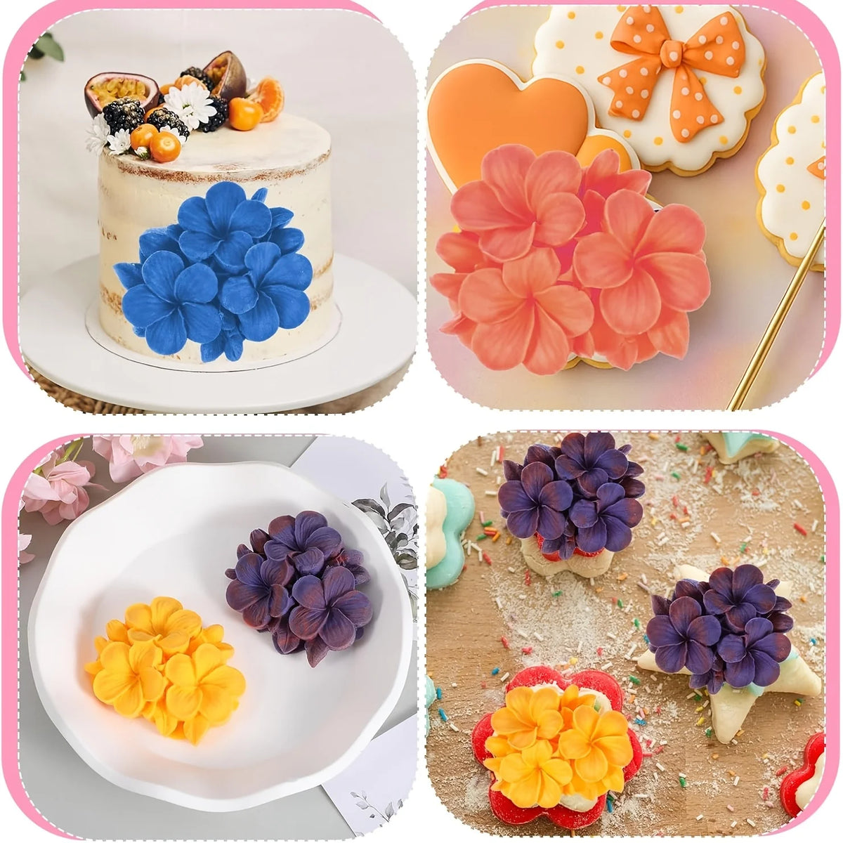 A set of 3D floral silicone molds in blue, orange, and purple for crafting candles, soap, resin, and plaster.