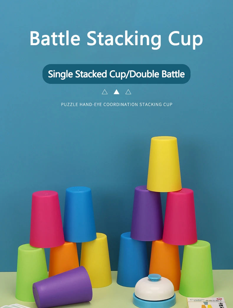 A collection of colorful plastic stacking cups in various shades are displayed on a table.