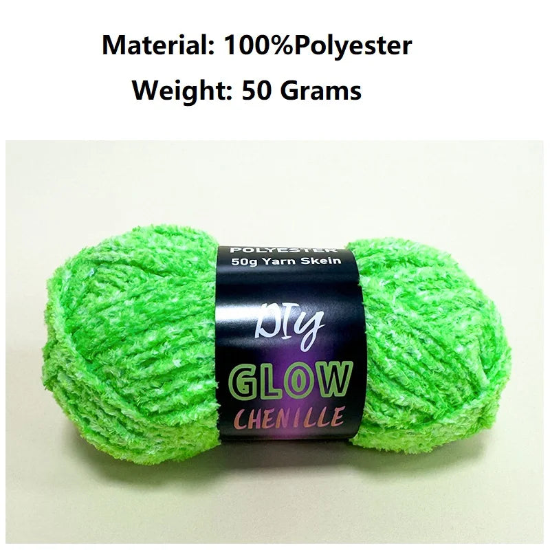 A ball of bright lime green polyester yarn labeled DIY Glow Chenille for knitting and crochet.
