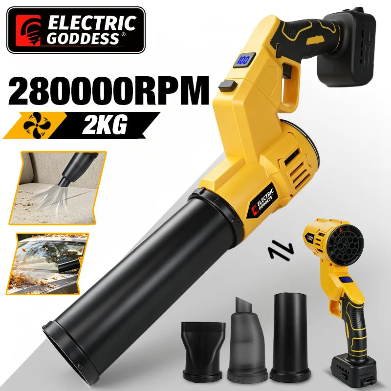 Yellow Electric Goddess 28000RPM 2KG cordless brush and blower tool with various attachments