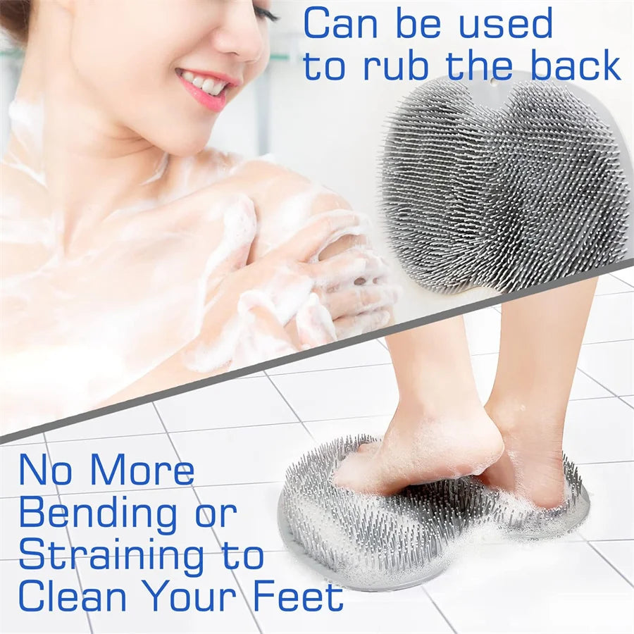 A close-up of a textured silicone scrubber being used to rub the back and feet.