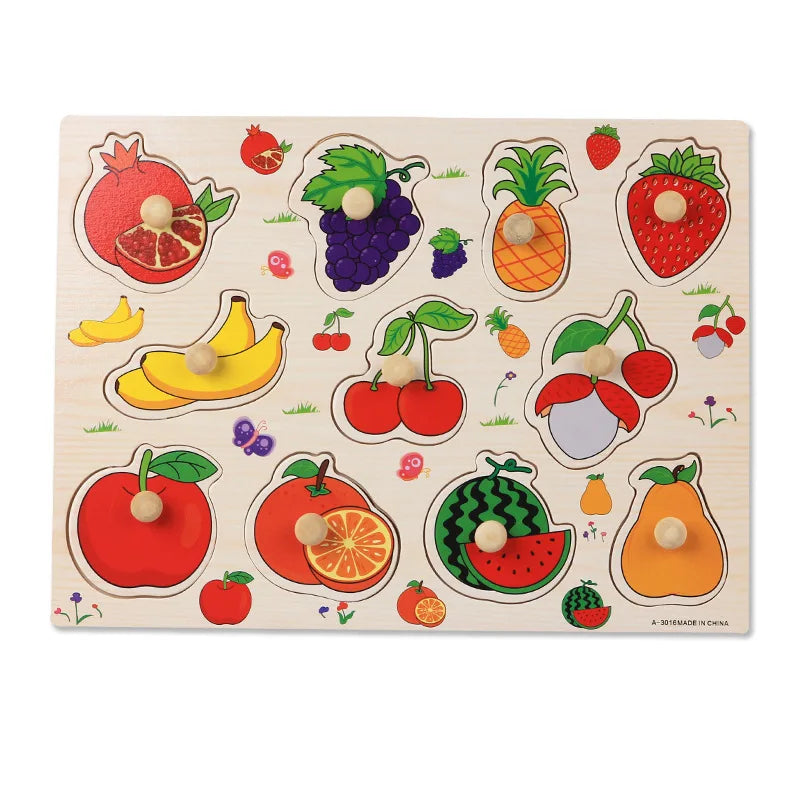 A wooden puzzle board featuring various colorful fruits and vegetables for toddlers.