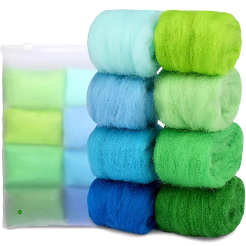 A pack of eight colored wool roving bundles for needle felting, showing various shades of green and blue.