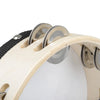 A close-up view of an 8-inch wooden tambourine with jingle bells, showing the wooden rim and metal jingles.