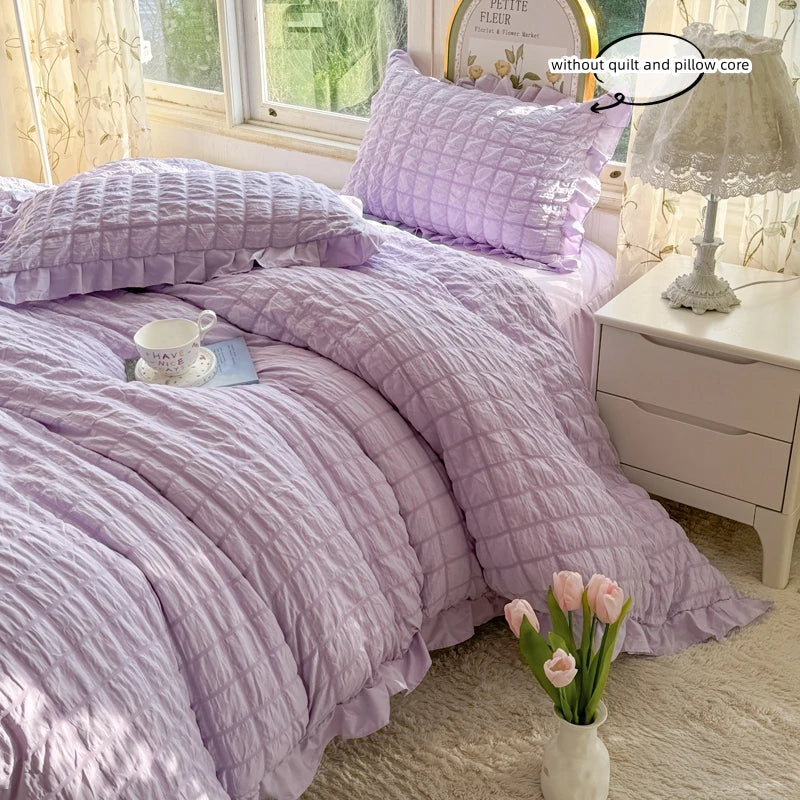 Seersucker Duvet Cover Set with Lace Trim