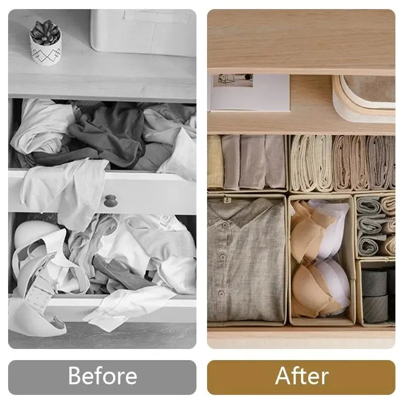 Before and after comparison of foldable drawer organizer boxes for underwear, bras, and socks