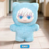 A light blue plush doll shaped like a cat head with white hair, displayed on a tiled floor.