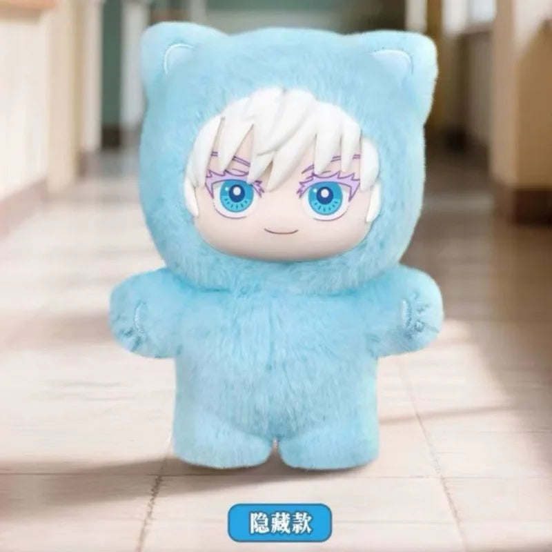 A light blue plush doll shaped like a cat head with white hair, displayed on a tiled floor.