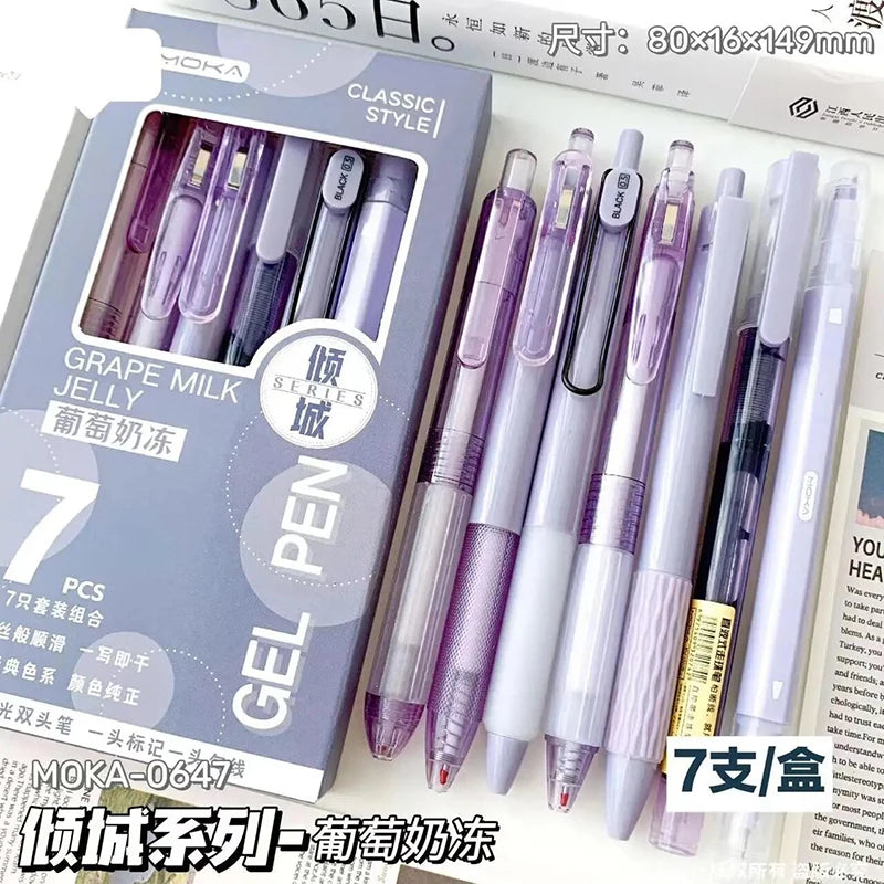 Pack of seven minimalist clear gel pens in various shades and finishes displayed on a product box.