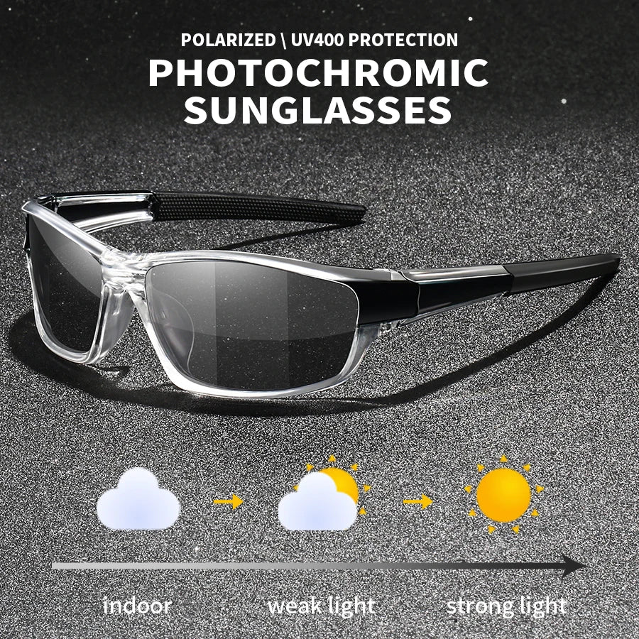 Polarized photochromic sunglasses shown transitioning from indoor light to strong sunlight.