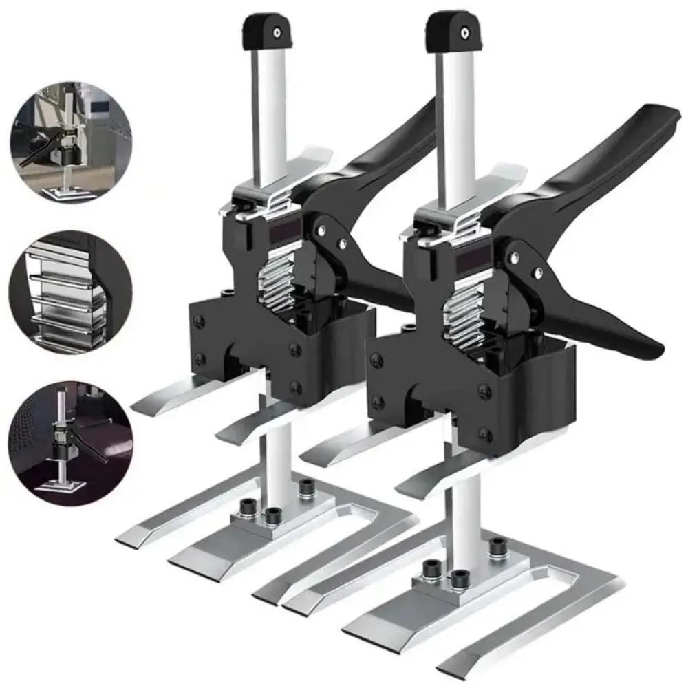 A set of adjustable tile leveling lifters and tools for precise installation, shown with various components.