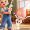 A young boy is playing with an interactive dancing octopus toy that has a long tentacle and obstacle avoidance features.