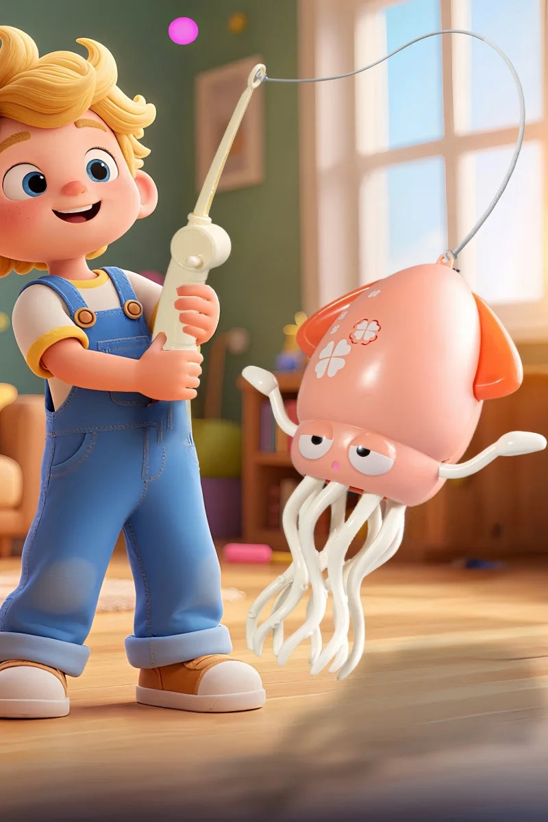 A young boy is playing with an interactive dancing octopus toy that has a long tentacle and obstacle avoidance features.