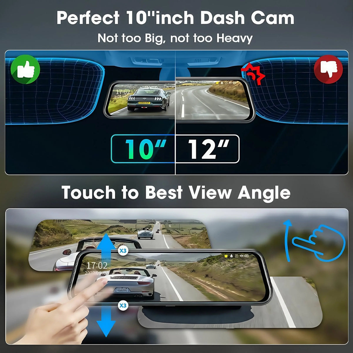 10-Inch Touchscreen Mirror Dash Cam with Front and Rear Cameras