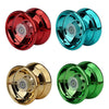 Three professional aluminum yo-yos in red, blue, and gold with LED lights