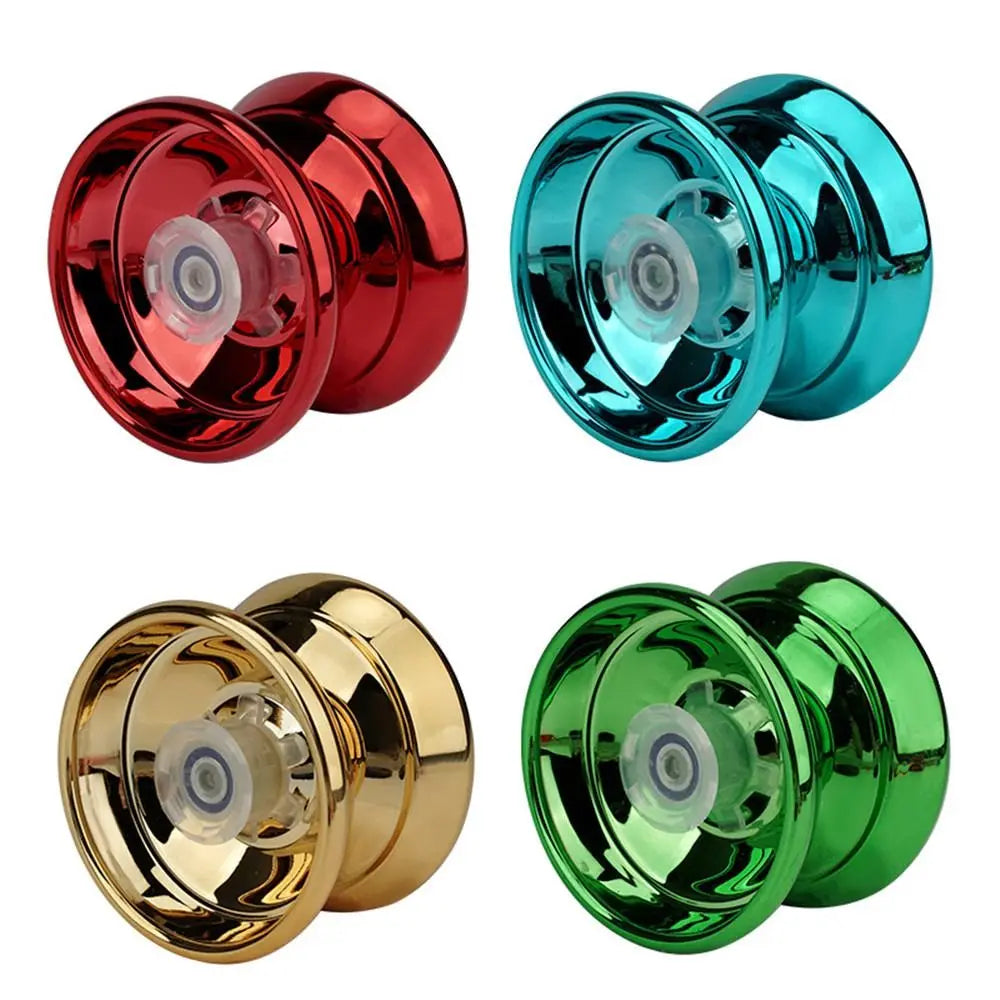 Three professional aluminum yo-yos in red, blue, and gold with LED lights