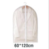 A clear, zippered garment storage bag with a hanger, showing the transparent fabric and white trim.