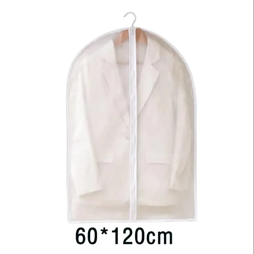 A clear, zippered garment storage bag with a hanger, showing the transparent fabric and white trim.
