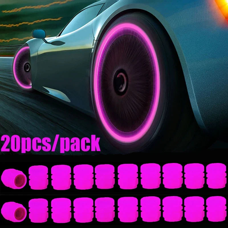 A pack of 20 luminous tire valve caps with a glow-in-the-dark design shown in various shades of pink.